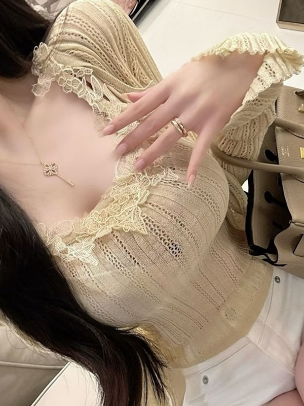 Conjunto de Cardigã de Tricô c - Elastic Lace Trim avaliação e preço