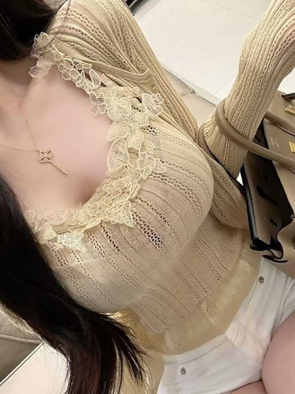 Conjunto de Cardigã de Tricô c - Elastic Lace Trim avaliação e preço