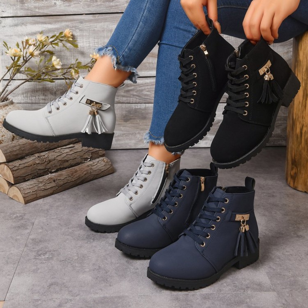 Botas Femininas de Cano Curto  - Tassel Fringe Trim avaliação e preço